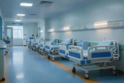 Hospital ward with a row of patient beds